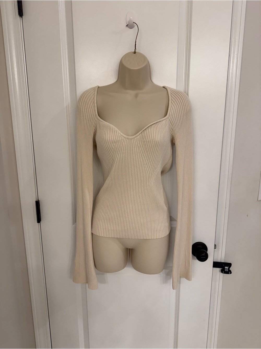 H&M Cream Ribbed Sweetheart Neck Sweater w/ Bell Sleeves | Large